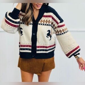 NWT Cream Muti Roping Horse Sweater Cardigan.